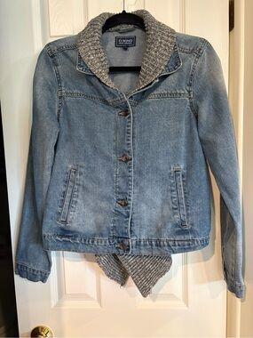 Ci Sono Light Blue Denim Jacket with Gray Knit Shawl Collar